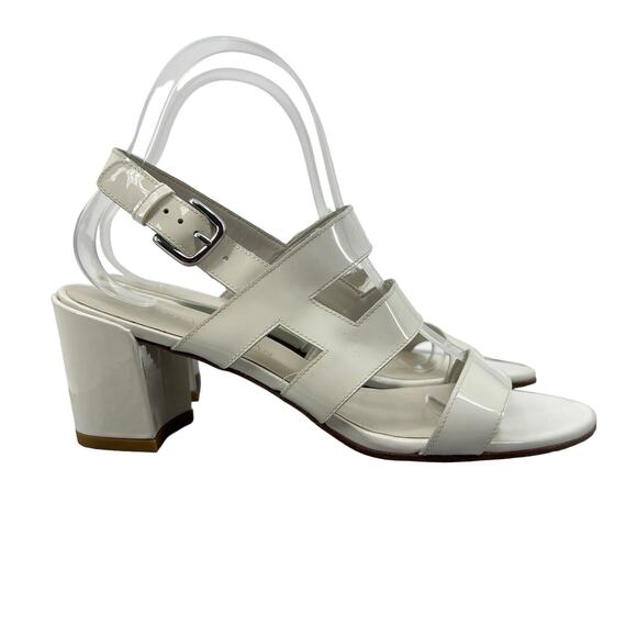 Stuart Weitzman Womens 8 Sandals White Milanese Patent Leather Block Heels Sling - Picture 1 of 11